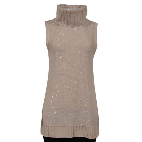 Neiman Marcus Cashmere Collection Womens Sequin Turtleneck Vest Large Beige - Picture 1 of 10